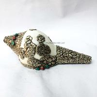 Conch Shell With Om Mani Padme Hum, And Stone Setting, [white And Silver Color]