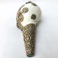 Conch Shell With Om Mani Padme Hum, And Stone Setting, [white And Silver Color]