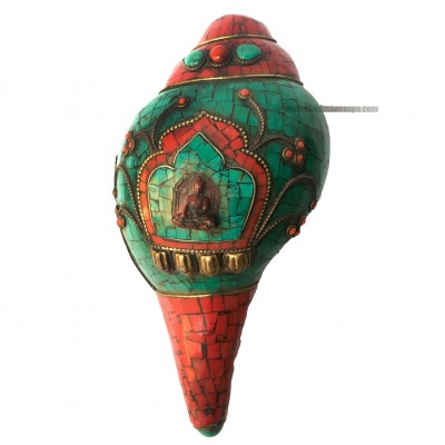 Conch Shell With Om Mani Padme Hum, And Stone Setting, [red And Green Color]