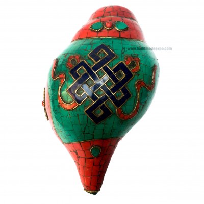 Conch Shell With Om Mani Padme Hum, And Stone Setting, [blue, Red And Green Color]
