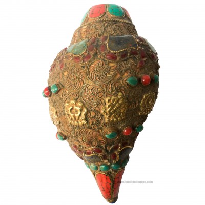 Conch Shell With Om Mani Padme Hum, And Stone Setting, [brown And Red Color]