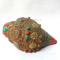 Conch Shell With Om Mani Padme Hum, And Stone Setting, [brown And Red Color]