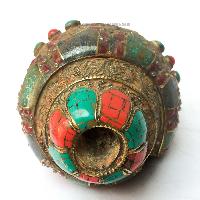 Conch Shell With Om Mani Padme Hum, And Stone Setting, [brown And Red Color]