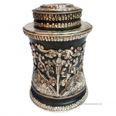 Tibetan Tea And Water Offering Vessel, Black Color, With 16 Tola Silver And Metal Siku Design, Offering Tea