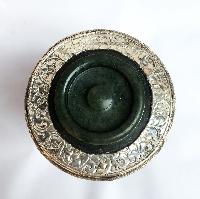 Tibetan Tea And Water Offering Vessel, Black Color, With 16 Tola Silver And Metal Siku Design, Offering Tea