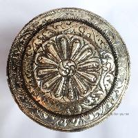 Tibetan Tea And Water Offering Vessel, Black Color, With 16 Tola Silver And Metal Siku Design, Offering Tea