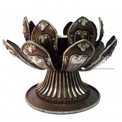 Hand Beaten Metal Dhakya Cup With Lotus Flower Design, [chocolate Oxidized]