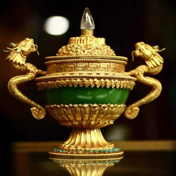 Imitation Jade Dophor, Nesi, Vessel For Offering Rice, With Dragon Design And Stone And [metal Setting], [gold Plated], [hong Kong Jade]