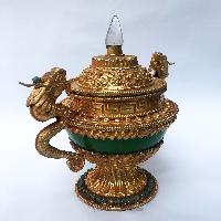 Imitation Jade Dophor, Nesi, Vessel For Offering Rice, With Dragon Design And Stone And [metal Setting], [gold Plated], [hong Kong Jade]