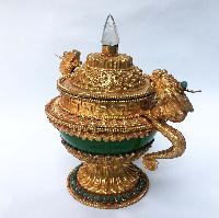 Imitation Jade Dophor, Nesi, Vessel For Offering Rice, With Dragon Design And Stone And [metal Setting], [gold Plated], [hong Kong Jade]