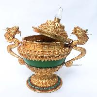 Imitation Jade Dophor, Nesi, Vessel For Offering Rice, With Dragon Design And Stone And [metal Setting], [gold Plated], [hong Kong Jade]