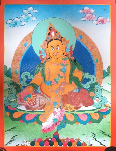Buddhist Hand Painted Thangka Of Yellow Jambhala [real Gold]