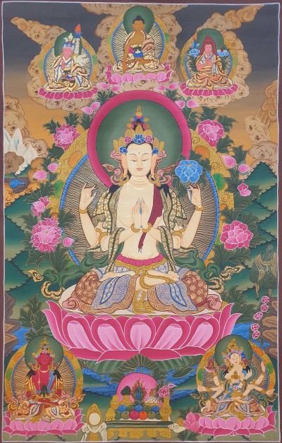Buddhist Hand Painted Thangka Of Chenrezig, Three Great Bodhisattvas