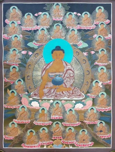 Buddhist Hand Painted Thangka Of 36 Buddhas, With Shakyamuni Buddha At The Center