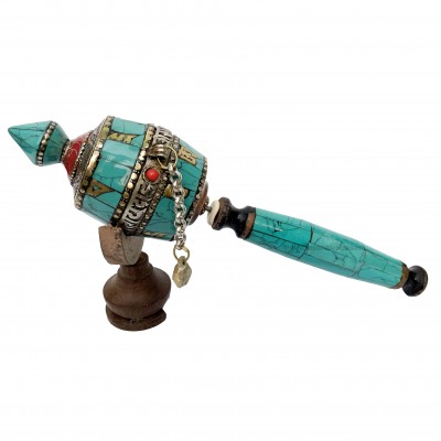Brass Hand Held With Mantra Prayer Wheel, [stone Setting, Blue And Red Color]