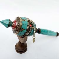 Brass Hand Held With Mantra Prayer Wheel, [stone Setting, Blue And Red Color]