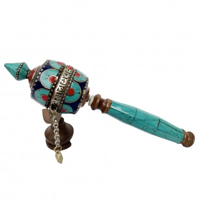Brass Hand Held With Mantra Prayer Wheel, [stone Setting, Blue And Red Color]