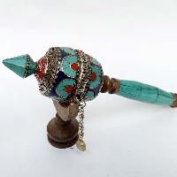 Brass Hand Held With Mantra Prayer Wheel, [stone Setting, Blue And Red Color]