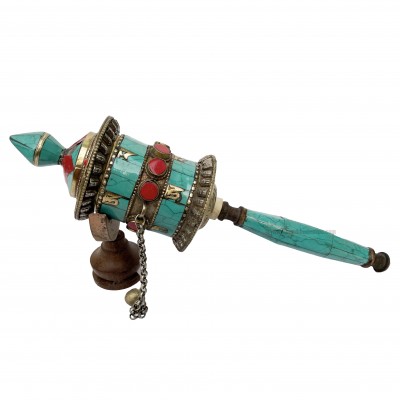 Brass Hand Held With Mantra Prayer Wheel, [stone Setting, Blue And Red Color]