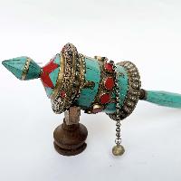 Brass Hand Held With Mantra Prayer Wheel, [stone Setting, Blue And Red Color]
