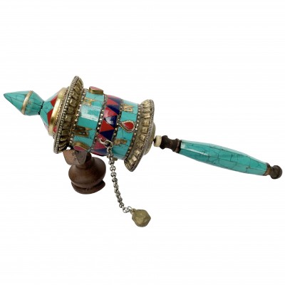 Brass Hand Held With Mantra Prayer Wheel, [stone Setting, Blue And Red Color]