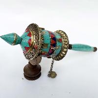 Brass Hand Held With Mantra Prayer Wheel, [stone Setting, Blue And Red Color]