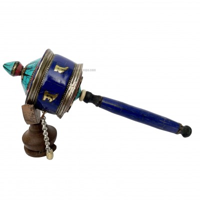Brass Hand Held With Mantra Prayer Wheel, [stone Setting, Blue And Red Color]