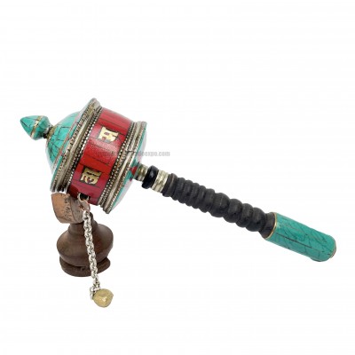 Brass Hand Held With Mantra Prayer Wheel, [stone Setting, Blue And Red Color]