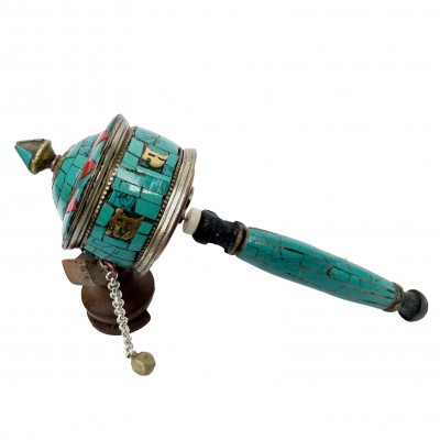 Brass Hand Held With Mantra Prayer Wheel, [stone Setting, Blue And Red Color]