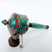 Brass Hand Held With Mantra Prayer Wheel, [stone Setting, Blue And Red Color]