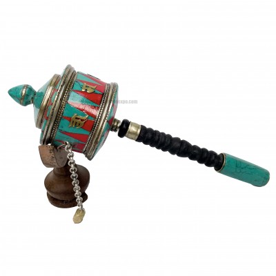 Brass Hand Held With Mantra Prayer Wheel, [stone Setting, Blue And Red Color]