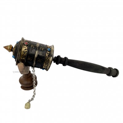 Brass Hand Held With Mantra Prayer Wheel, [stone Setting, Black Color]