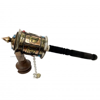 Brass Hand Held With Mantra Prayer Wheel, [stone Setting]