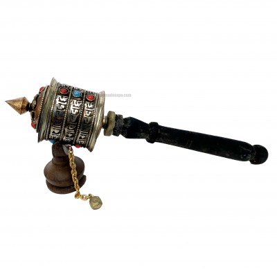 Ashtamangala Brass Hand Held With Mantra Prayer Wheel, [stone Setting]