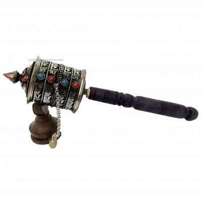 Ashtamangala Brass Hand Held With Mantra Prayer Wheel, [stone Setting]