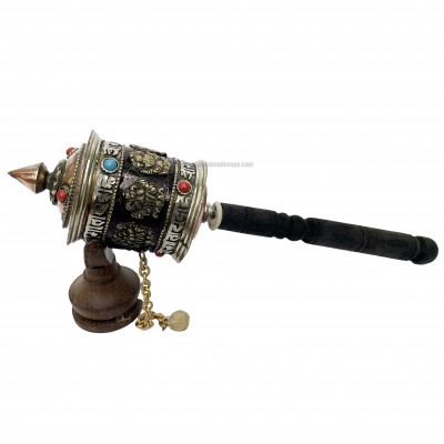 Brass Hand Held With Mantra Prayer Wheel, [stone Setting, Black And Golden Color]