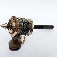 Brass Hand Held With Mantra Prayer Wheel, [stone Setting, Black And Golden Color]