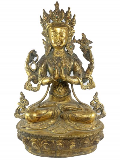 [old Stock] Statue Of Chenrezig, [full Fire Gold Plated]