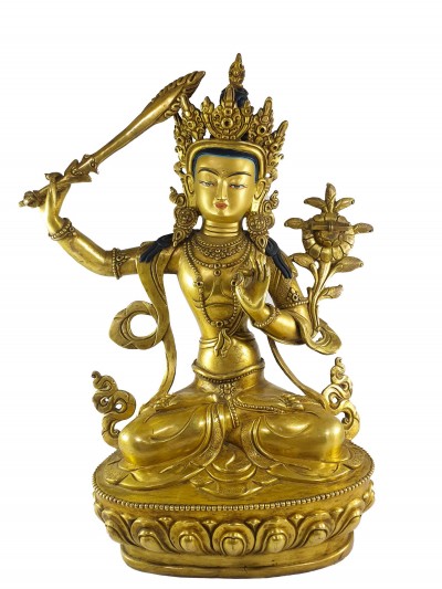 Buddhist Statue Of Manjushri [full Gold Plated] And [painted Face]