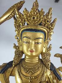 Buddhist Statue Of Manjushri [full Gold Plated] And [painted Face]
