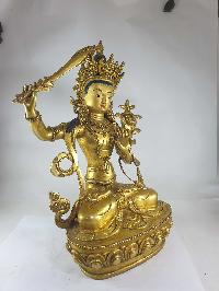 Buddhist Statue Of Manjushri [full Gold Plated] And [painted Face]