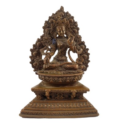 Buddhist Miniature Statue Of White Tara On A Thrown With Flower Background [chocolate Oxidized]