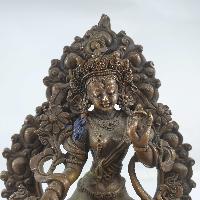 Buddhist Miniature Statue Of White Tara On A Thrown With Flower Background [chocolate Oxidized]