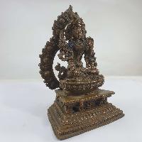 Buddhist Miniature Statue Of White Tara On A Thrown With Flower Background [chocolate Oxidized]