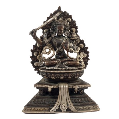 Buddhist Miniature Statue Of Manjushri On A Thrown With Flower Background [silver Plated Oxidized]