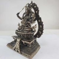 Buddhist Miniature Statue Of Manjushri On A Thrown With Flower Background [silver Plated Oxidized]
