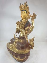 Buddhist Statue Of Avalokiteshvara, Chenrezig, Extra Gold On Base [partly Gold Plated], [painted Face]