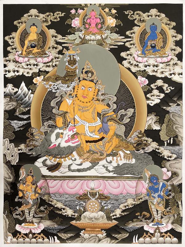 Thangka Painting Of Yellow Jambhala, Lamas Art, [24 Carat Gold], Modern Color