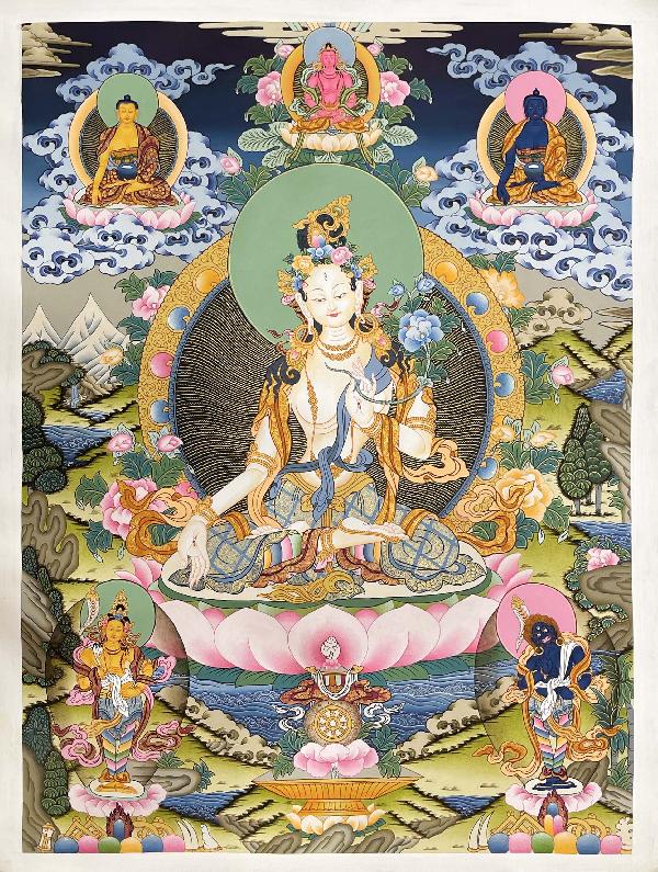 Thangka Painting Of White Tara, Lamas Art, [24 Carat Gold], Modern Color