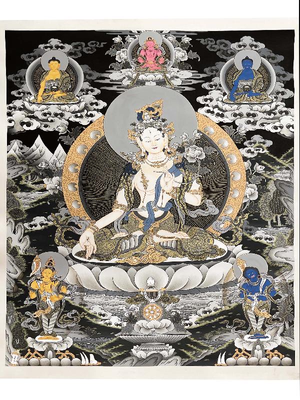 Thangka Painting Of White Tara, Lamas Art, [24 Carat Gold], Modern Color